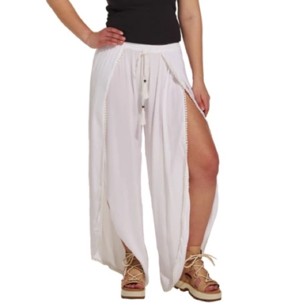 Angie - Flowy Wide Leg Pants white Palazzo beach fringe tassels slits - Medium